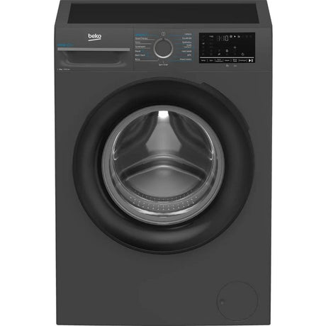 Beko Pro EnergySpin 9kg front-load washing machine in anthracite grey with 1400 spin speed, featuring digital display, control panel, and large circular glass door on dark grey body