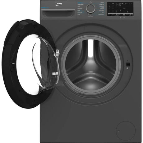 Beko Pro EnergySpin 9kg washing machine in anthracite grey with open door displaying stainless steel drum, digital display panel, and control knob