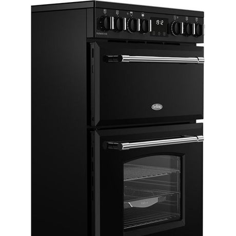 Belling 60cm Farmhouse freestanding electric cooker with black finish, ceramic hob top, dual ovens and chrome handles