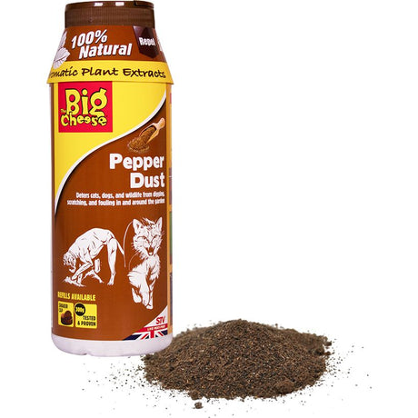 Big Cheese Pepper Dust 300g container with brown and yellow label showing illustrations of a cat and dog, displayed next to a pile of ground pepper dust on white background