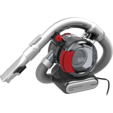 Black and Decker Dustbuster Flexi 12V car vacuum cleaner with red and black body, gray flexible hose attachment, and white base unit on white background