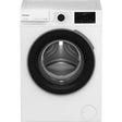 Blomberg 8kg 1400 spin white front-loading washing machine with black drum, digital display showing 1:10 time, control panel with dial and buttons, and round porthole door