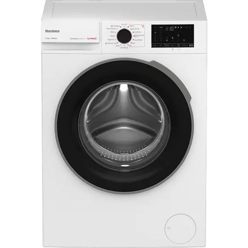 Blomberg 8kg 1400 spin white front-loading washing machine with black drum, digital display showing 1:10 time, control panel with dial and buttons, and round porthole door