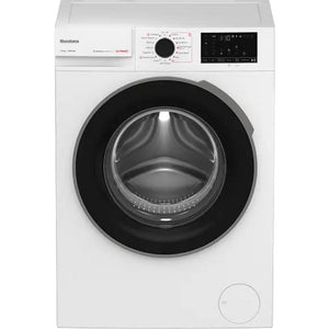 Blomberg 8kg 1400 spin white front-loading washing machine with black drum, digital display showing 1:10 time, control panel with dial and buttons, and round porthole door