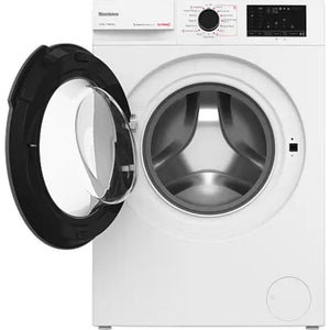 Blomberg white front-load washing machine with 8kg capacity and 1400 spin speed, door open showing stainless steel drum, digital control panel visible on top