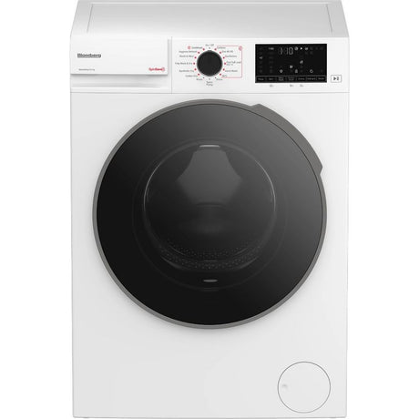 Blomberg white washer dryer combo with 8kg wash and 5kg dry capacity, featuring a large black circular drum door, digital display panel with touch controls, and modern front-loading design
