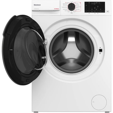 White Blomberg 8kg 5kg washer dryer with open black door showing empty drum, digital display panel and control dial at top, product shot on white background