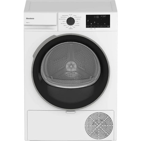White Blomberg 8kg heat pump tumble dryer with black door and circular drum, electronic display panel, and condenser unit visible at bottom