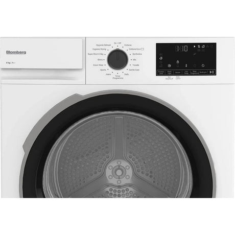 Blomberg 8kg heat pump tumble dryer in white with black drum door, digital display showing 21:10, control panel with cycle settings including hygiene refresh and cotton options, and front-facing view of the interior drum