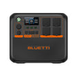 Bluetti AC200PL portable power station with 2400W 2304Wh capacity, featuring black casing with orange accents, digital display showing wattage, multiple AC and USB output ports, DC output sockets, and four touch button controls on top