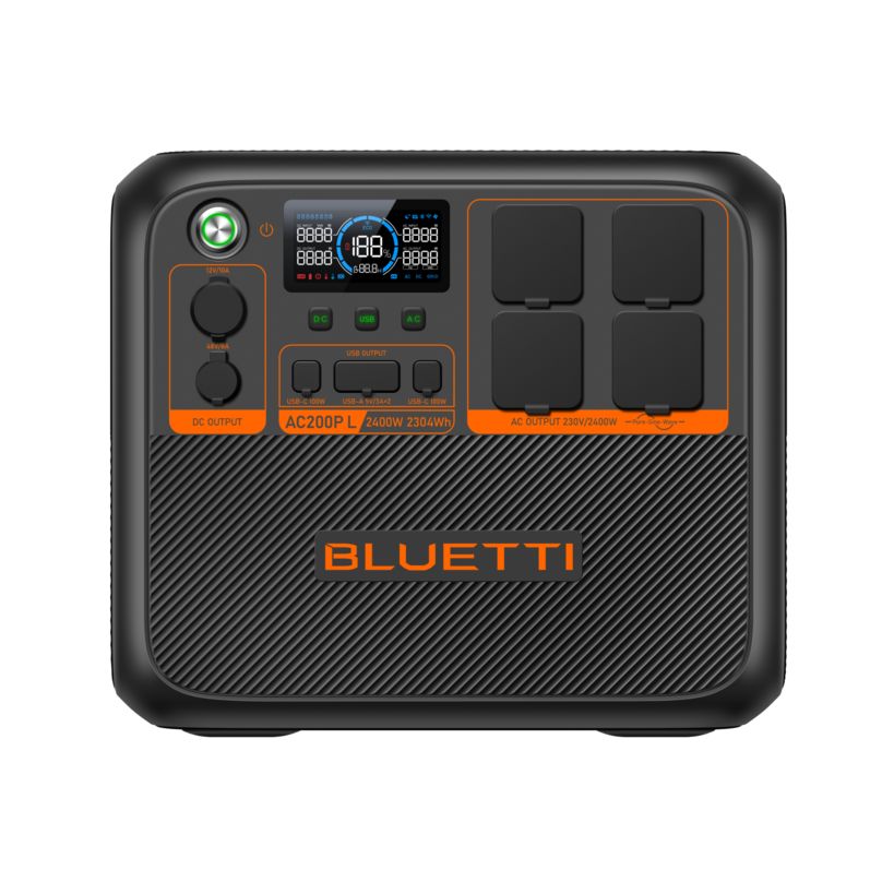 Bluetti AC200PL portable power station with 2400W 2304Wh capacity, featuring black casing with orange accents, digital display showing wattage, multiple AC and USB output ports, DC output sockets, and four touch button controls on top