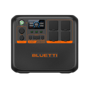 Bluetti AC200PL portable power station with 2400W 2304Wh capacity, featuring black casing with orange accents, digital display showing wattage, multiple AC and USB output ports, DC output sockets, and four touch button controls on top