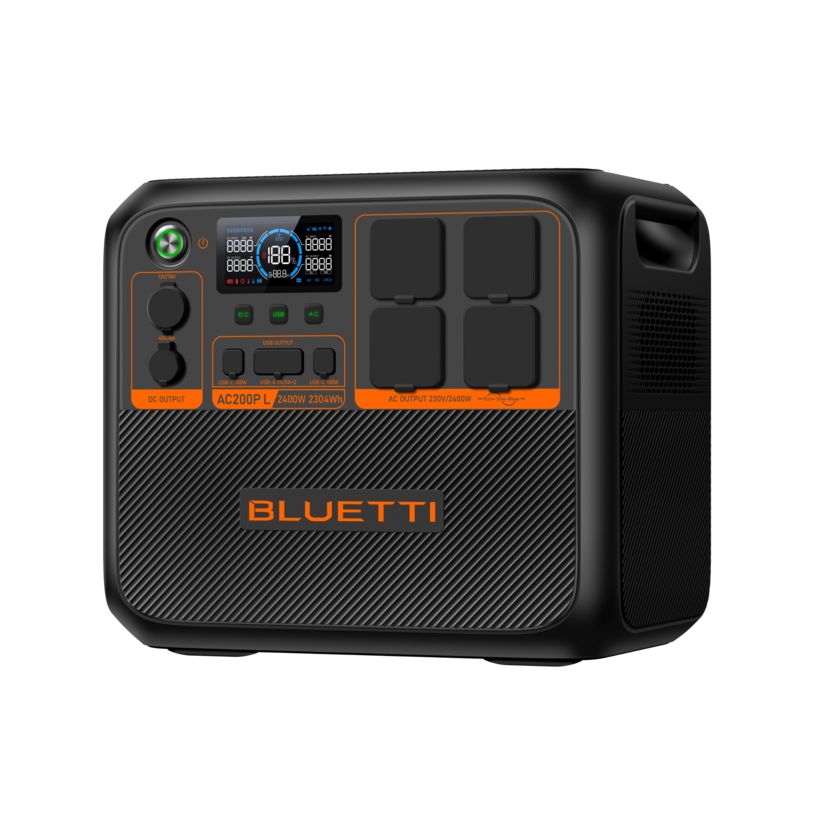 Bluetti AC200PL portable power station with 2400W output and 2304Wh capacity, featuring black casing with orange accents, digital display screen, multiple control knobs and buttons, and four AC outlet ports on the front panel