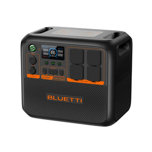Bluetti AC200PL portable power station with 2400W output and 2304Wh capacity, featuring black casing with orange accents, digital display screen, multiple AC outlets, USB ports, and wireless charging pad on top