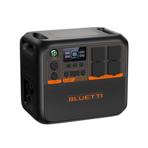 Bluetti AC200PL portable power station with 2400W 2304Wh capacity, featuring black casing with orange accents, digital display panel, multiple AC outlets, and solar input ports on top surface
