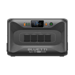 Bluetti Apex 300 portable power station with dark gray casing, digital display showing 80W output, four AC outlets rated 12A max each, Magic Button controls, and charging mode indicator on front panel