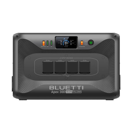 Bluetti Apex 300 portable power station with dark gray casing, digital display showing 80W output, four AC outlets rated 12A max each, Magic Button controls, and charging mode indicator on front panel