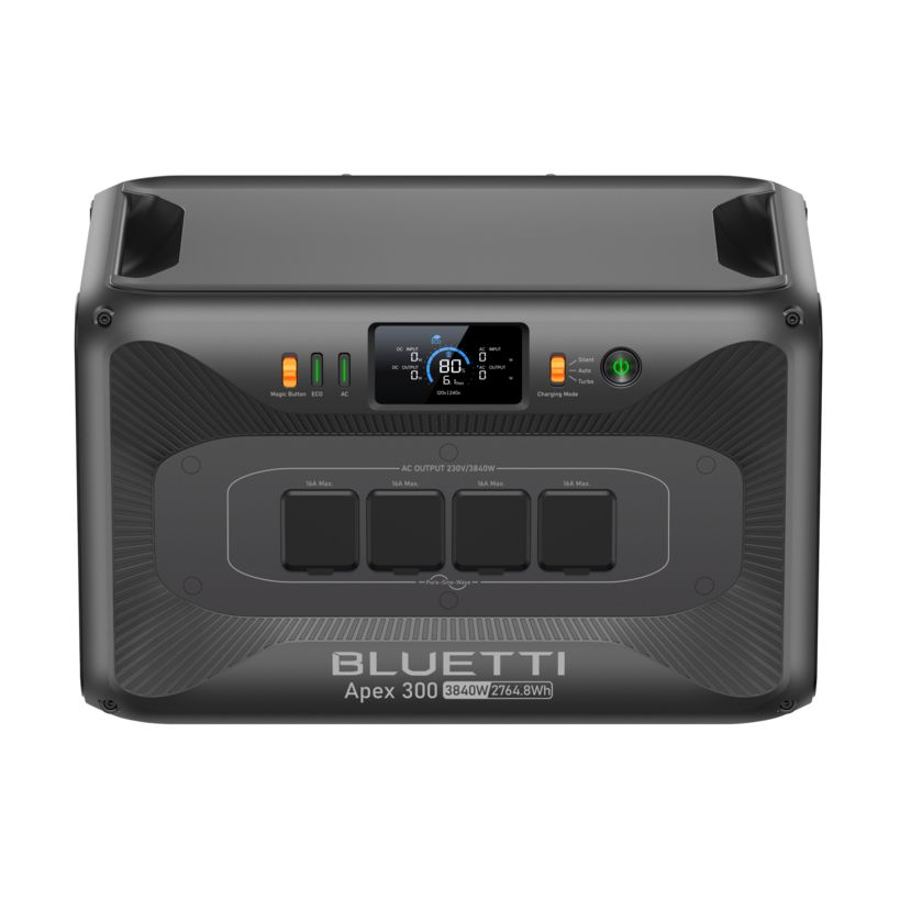 Bluetti Apex 300 portable power station with 3840W output and 2764.8Wh capacity, featuring dark gray casing with black accents, four AC outlet ports, digital display showing 80% charge level, indicator lights, and carrying handles on top