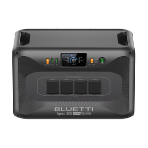 Bluetti Apex 300 portable power station with 3840W output and 2764.8Wh capacity, featuring dark gray casing with black accents, four AC outlet ports, digital display showing 80% charge level, indicator lights, and carrying handles on top