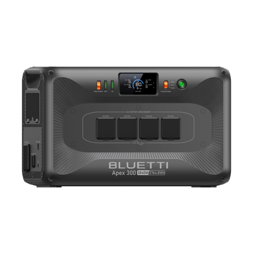 Bluetti Apex 300 portable power station with dark gray rugged casing, digital display showing 80% battery status, four AC output sockets, indicator lights, and side ventilation grille, 3840W 2765Wh capacity