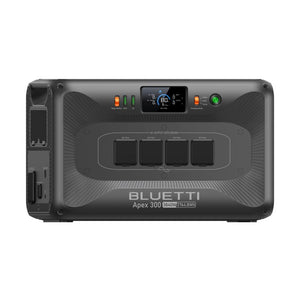 Bluetti Apex 300 portable power station with dark gray rugged casing, digital display showing 80% battery status, four AC output sockets, indicator lights, and side ventilation grille, 3840W 2765Wh capacity