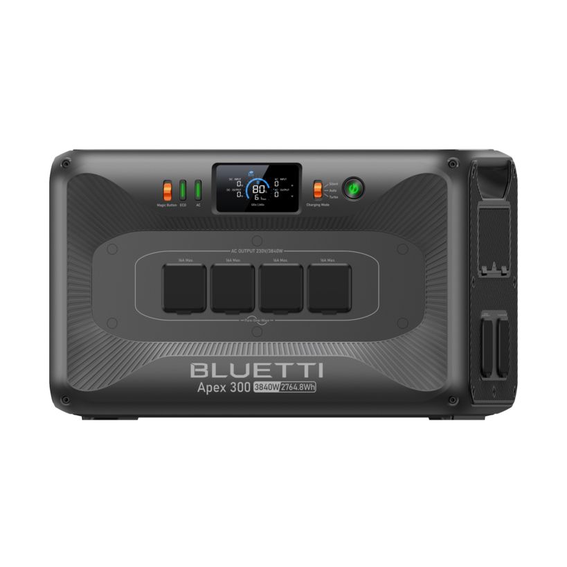 Bluetti Apex 300 portable power station with 3840W capacity and 2765Wh battery, featuring dark gray casing with four AC output sockets, digital display screen, status indicator lights, and side carrying handle