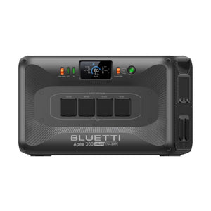 Bluetti Apex 300 portable power station with 3840W capacity and 2765Wh battery, featuring dark gray casing with four AC output sockets, digital display screen, status indicator lights, and side carrying handle