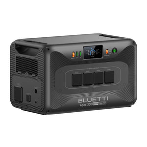 Bluetti Apex 300 portable power station with dark gray textured casing, digital display panel with charging status, four AC outlet switches, indicator lights, and ventilation grille on side, front view showing 3840W 2765Wh capacity specifications