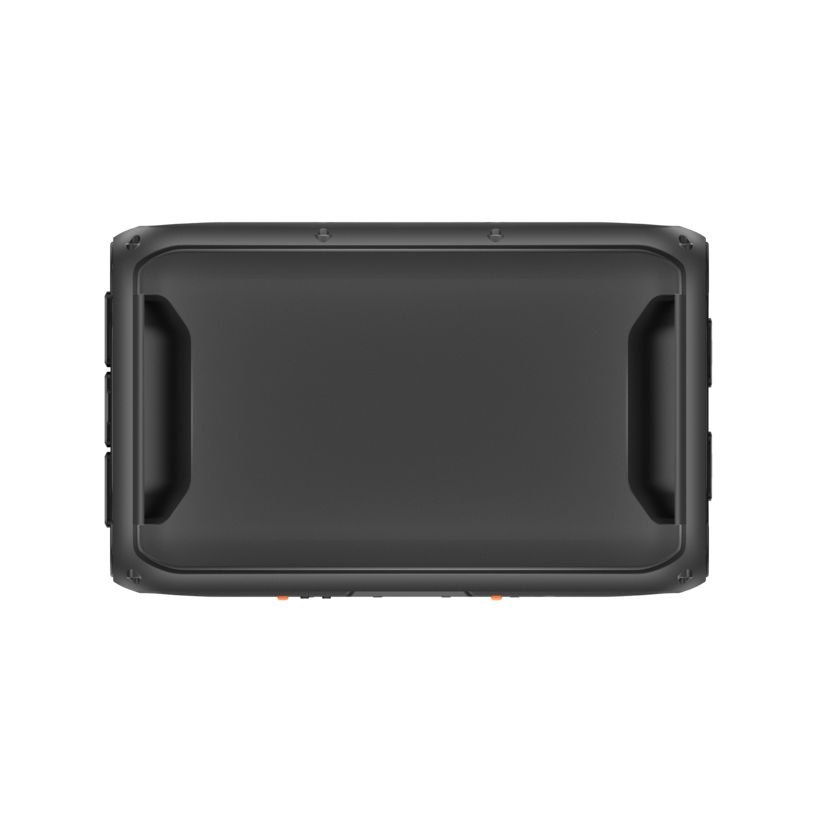 Top-down view of Bluetti Apex 300 portable power station in dark gray with dual carrying handles, showing the compact rectangular design and ventilation slots