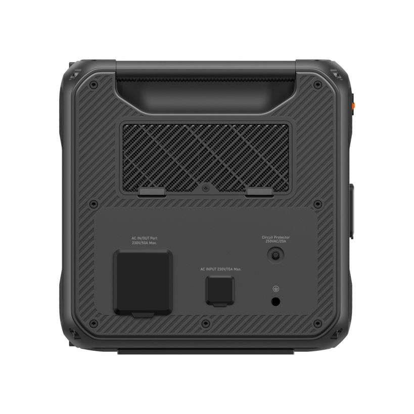 Back view of Bluetti Apex 300 portable power station showing dark grey rugged casing with diagonal stripe pattern, ventilation mesh panel, AC input and output ports rated 230V/50A maximum, circuit protector, and indicator lights on lower panel