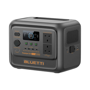 Bluetti Premium 100 V2 portable power station with 2000W output and 1024Wh capacity, featuring dark grey casing with perforated mesh panels, digital display screen, AC outlets, USB ports, and control buttons on front panel