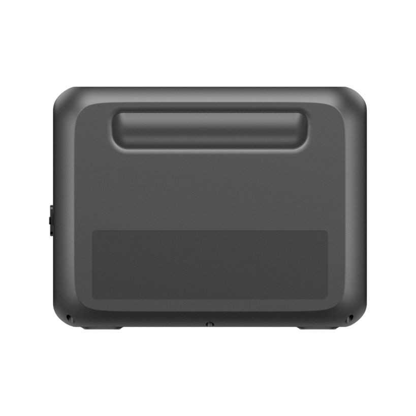 Back view of Bluetti Premium 100 V2 portable power station in dark gray showing carrying handle and ventilation grilles