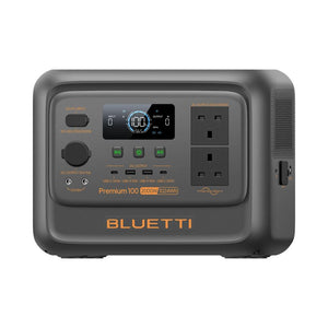 Bluetti Premium 100 V2 portable power station with 2000W 1024Wh capacity, featuring dark gray casing with orange accents, digital display showing 100W output, AC outlets, USB ports, and DC input/output connections on front panel