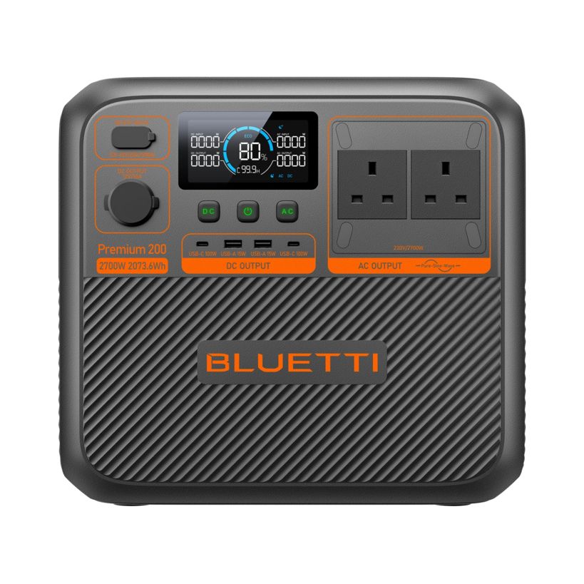 Bluetti Premium 200 V2 portable power station with 2700W capacity, featuring gray casing with orange accents, digital display showing 80% battery level, multiple USB ports, DC output section, dual AC outlet sockets, power button and control knobs on front panel