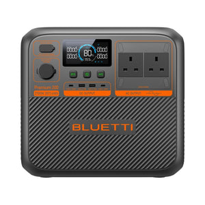 Bluetti Premium 200 V2 portable power station with 2700W capacity, featuring gray casing with orange accents, digital display showing 80% battery level, multiple USB ports, DC output section, dual AC outlet sockets, power button and control knobs on front panel