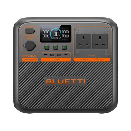 Bluetti Premium 200 V2 portable power station with 2700W capacity, featuring gray casing with orange accents, digital display showing 80% battery level, multiple USB ports, DC output section, dual AC outlet sockets, power button and control knobs on front panel