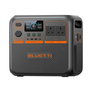 Bluetti Premium 200 V2 portable power station with gray casing and orange accents, featuring digital display showing 80W output, control buttons, DC and AC output ports, and carrying handle on right side