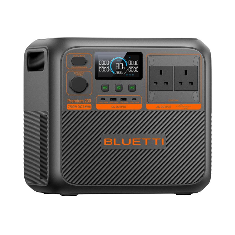 Bluetti Premium 200 V2 portable power station with 2700W capacity and 2074wH battery, featuring gray casing with orange accents, digital display showing 80% battery level, control knob, three green buttons, DC and AC output ports with two UK power sockets, and USB ports