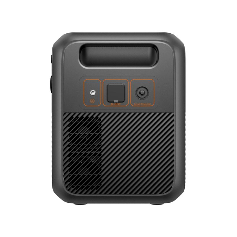 Bluetti Premium 200 V2 portable power station with dark gray casing, black ventilation grille, carrying handle, and three orange-outlined control buttons on front panel