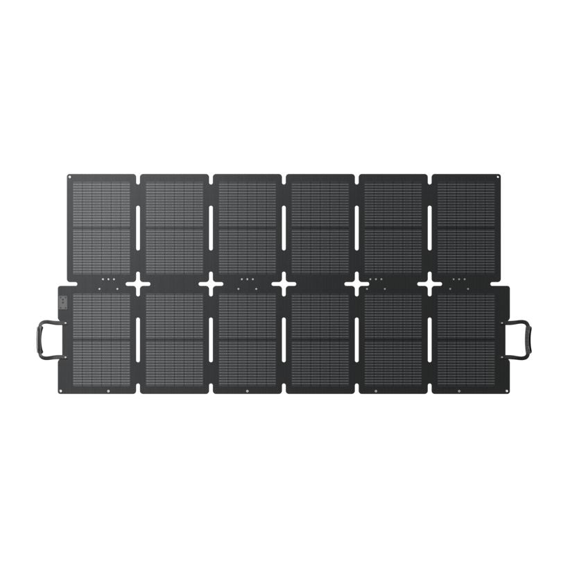 Bluetti Sora 220W foldable solar panel with six black photovoltaic panels connected by white hinges and carrying handles, displayed in open configuration top view