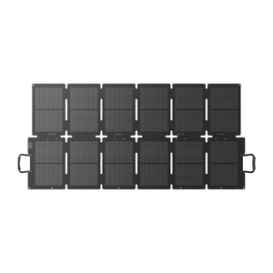 Bluetti Sora 220W foldable solar panel with six black photovoltaic panels connected by white hinges and carrying handles, displayed in open configuration top view