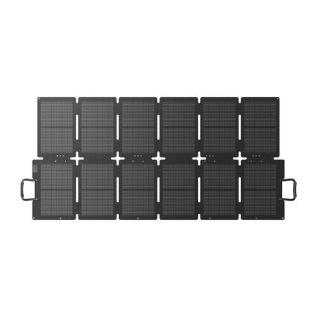 Bluetti Sora 220W foldable solar panel with six black photovoltaic panels connected by white hinges and carrying handles, displayed in open configuration top view