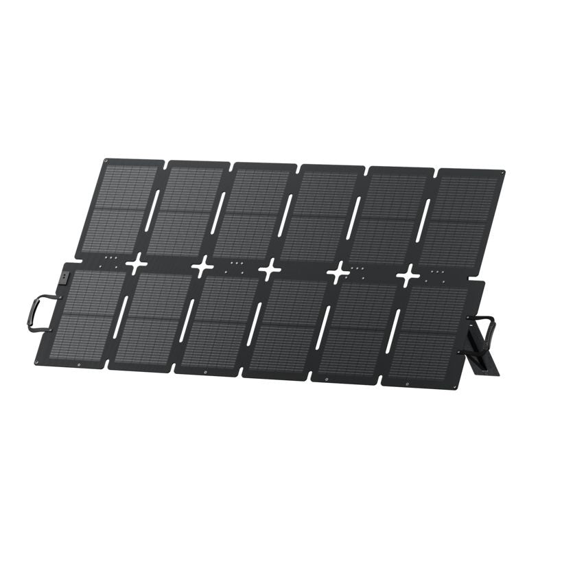 Bluetti Sora 220W foldable solar panel with twelve dark grey photovoltaic cells arranged in two rows, featuring white connector ports and integrated kickstands for portable renewable energy charging