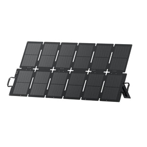 Bluetti Sora 220W foldable solar panel with twelve dark grey photovoltaic cells arranged in two rows, featuring white connector ports and integrated kickstands for portable renewable energy charging