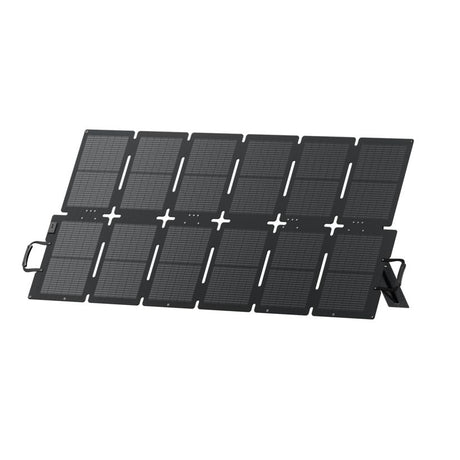 Bluetti Sora 220W foldable solar panel with twelve dark grey photovoltaic cells arranged in two rows, featuring white connector ports and integrated kickstands for portable renewable energy charging