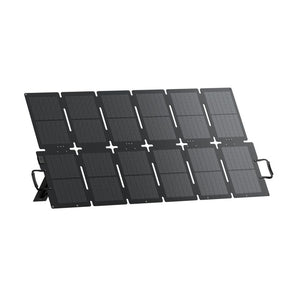 Bluetti Sora 220W foldable solar panel with six black photovoltaic panels arranged in two rows, featuring white connection points and a carrying handle, displayed at an angle against a white background