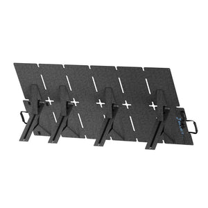 Bluetti Sora 220W foldable solar panel array with six dark grey panels connected by black hinges, featuring white cross symbols and adjustment stands, displayed in open position against white background