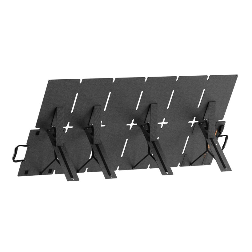 Bluetti Sora 220W foldable solar panel array featuring five dark grey rigid panels with white cross markers, mounted on black adjustable stands, shown in open position against white background