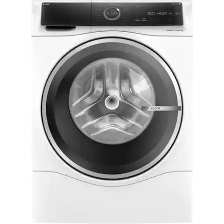 Bosch 10.5kg Series 8 i-DOS white front-load washer dryer with black control panel and dark grey drum, viewed from front