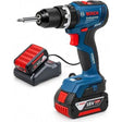 Bosch Professional GSB18V-25 cordless combi drill in blue and black with two 4.0Ah lithium-ion batteries and charger, featuring keyless chuck and red trigger guard